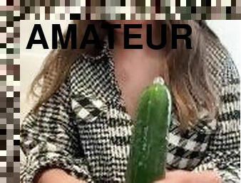 Fucking my tight pussy with huge cucumber!