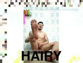 Hairy straight guy jerks off on the bathroom floor! feet, ass and cock