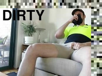 Tradesman receives a pair of dirty underwear in the mail and sniffs them on the couch
