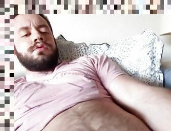 Bearded and hairy college cub wanks on couch with dirty underwear he uses as a cum rag