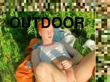 Ginger cute boy jerking off in the nature