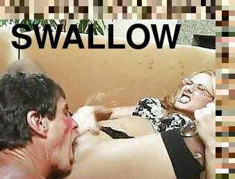 A woman masturbates and man swallows 