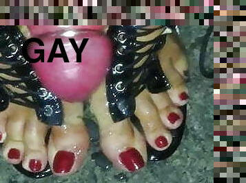 On the Street Cum on Feet with Red Toes in clear Heels