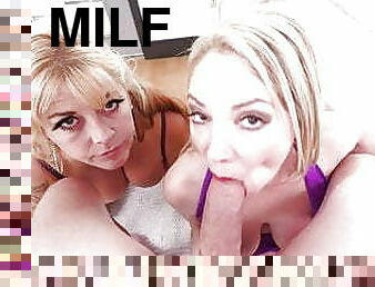 two blonde milfs sharing dick