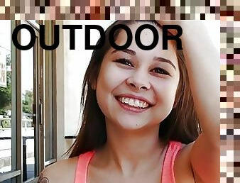 Cute Petite Teen With Big Tits Plays Outdoors On Fuck Date, POV