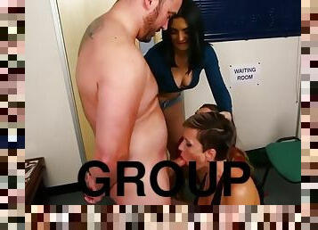 CFNM dominate suck and jerk off submissive boyfriend in group