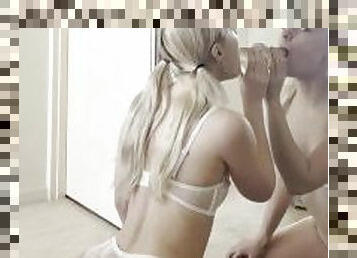 Petite teen in lingerie sucking dildo on mirror