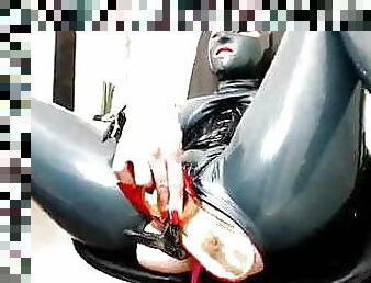 Latex Catsuit Girl Self Gaged. And Love Fucktoys