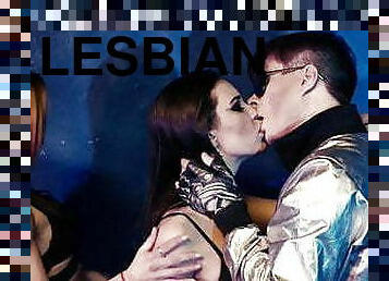 lesbisk, trekant, kyssar, ängel, bikini, bisexuell, brunett, tatuering
