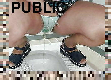 Sexy BBW, pee, panties, public toilet