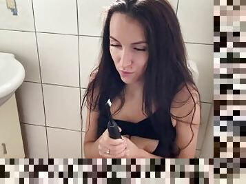 naughty girl masturbates in the bathroom with her boyfriend's toothbrush