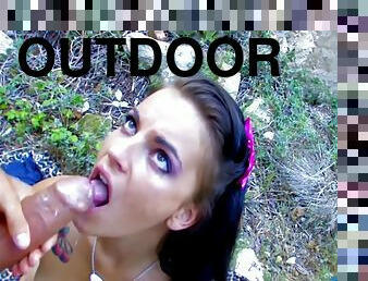 Petite Brunette Teen Destroyed By A Huge White Cock Outdoors
