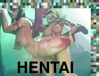 cona-pussy, lésbicas, hentai, 3d, áspero