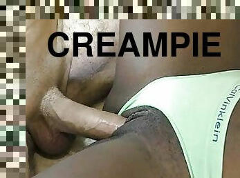 gammel, amatør, ebony, stor-pikk, interracial, hjemmelaget, creampie, truser, cum, knulling-fucking