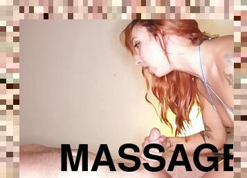 Redhead massage beauty sucks dick to a guy during a session