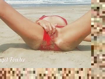 Hot Wet girl in red bikini flashing pussy on the sea beach - Angel Fowler