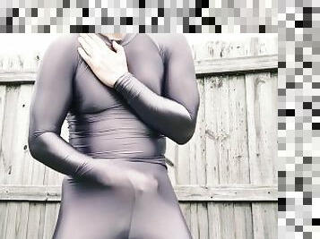 Spandex boy masturbating outdoors in shiny tights