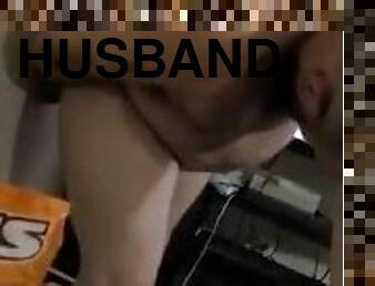 Husband fucks black dildo stuck on wall