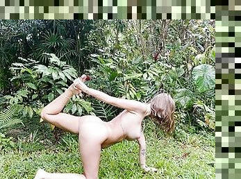 Pregnant Outdoor Nude Yoga in the Rainforest - yoga with grey