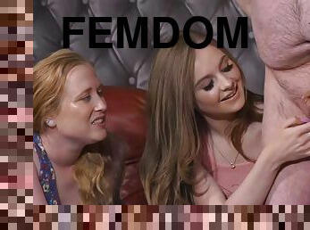 Femdom CFNM babes give group humiliating blowjob to loser