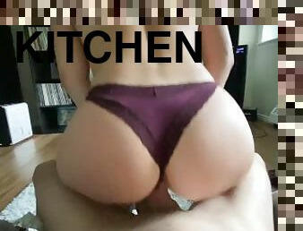 Horny Girl in Booty Shorts Sucks & Fucks Hard in Living Room & Kitchen