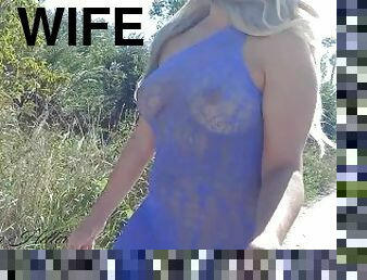 Depraved Natasha walks in a transparent dress without panties.