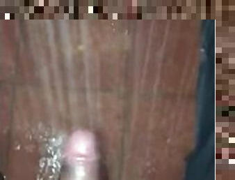 Playing with curved cucumber (dick)  in shower