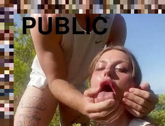 Rough sloppy deepthroat, Hard face fuck on beach, Public Cum in mouth