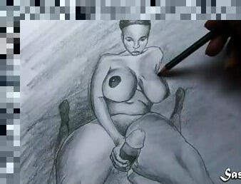 Speed art drawing - Big Breasts African teen handjob