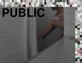 Shaving and Showering in Public Shower ( VERY HORNY, I CUM TWICE)