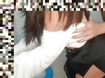 Fuck in TOILET with new Boss after interview for Job. WET TITS AND SEXY Stockings