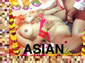 აზიელი, მოყვრული, ინდური-გოგონების, წყვილი, პირველად, დაქორწინებული