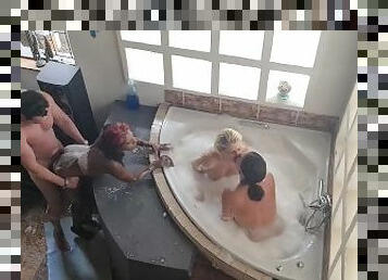 1 Lucky cock making turns to FUCK 3 sluts after they SUCKED him off in a bubble BATH