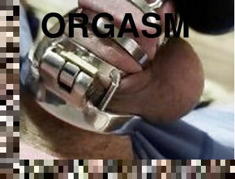 Hot guy cant hold this massive cum shot any longer. Spays huge load though Chastity