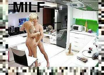 Short haired tattooed blonde milf has rough sex in the kitchen