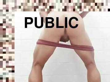Sexy Guy Does Striptease And Risky Masturbation In Public Place And Gets Caught
