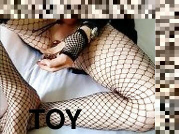 Cute femboy in fishnets fuck himself with his glass dildo