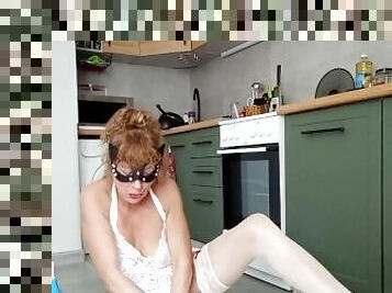 whore makes herself an enema from milk and splashes it on the walls