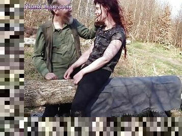 Girl tied to tree log in public forest: Breath control & teasing to orgasm!