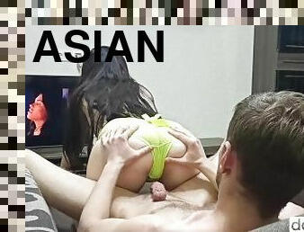 asiatisk, doggy, brystvorter, amatør, cumshot, hjemmelaget, kyssing, knulling-fucking, riding, baller
