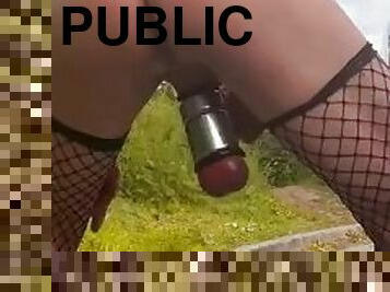 Risky public wank and cum in just fishnets