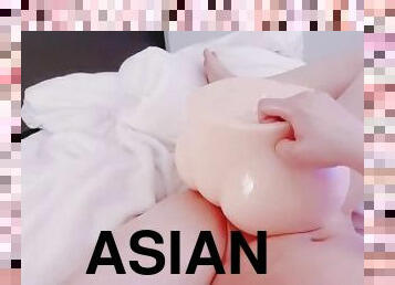 asiatisk, masturbation, amatör, leksak, japansk, sprut, ensam, rakad, kuk