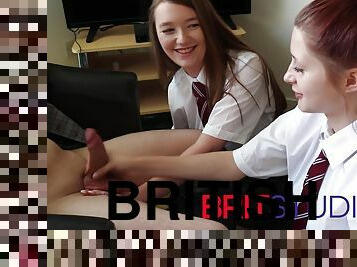 Two British 18 Year Olds In School Uniform Wank Off Their Teacher And Get Covered In Cum