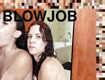 Threesome Blowjob And Handjob. Cum On Face. Licking Cum