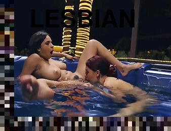 Hot lesbians Sabina Rouge and Autumn Falls fucking in the pool