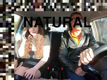 Frisky brunette with big natural tits pleases Mugur in the car