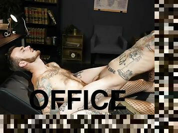 Tattooed stud barebacked in the office by crossdressing co-worker