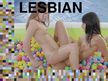 Lesbian babes Emily Willis & Paige Owens masturbates and swim in the ball pit