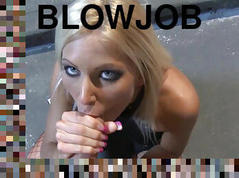 Stacked blonde Maddy gives a smokey blowjob