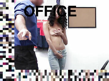 Dark haired shoplifter Jada Doll reaches a resolution that satisfies all parties with officer